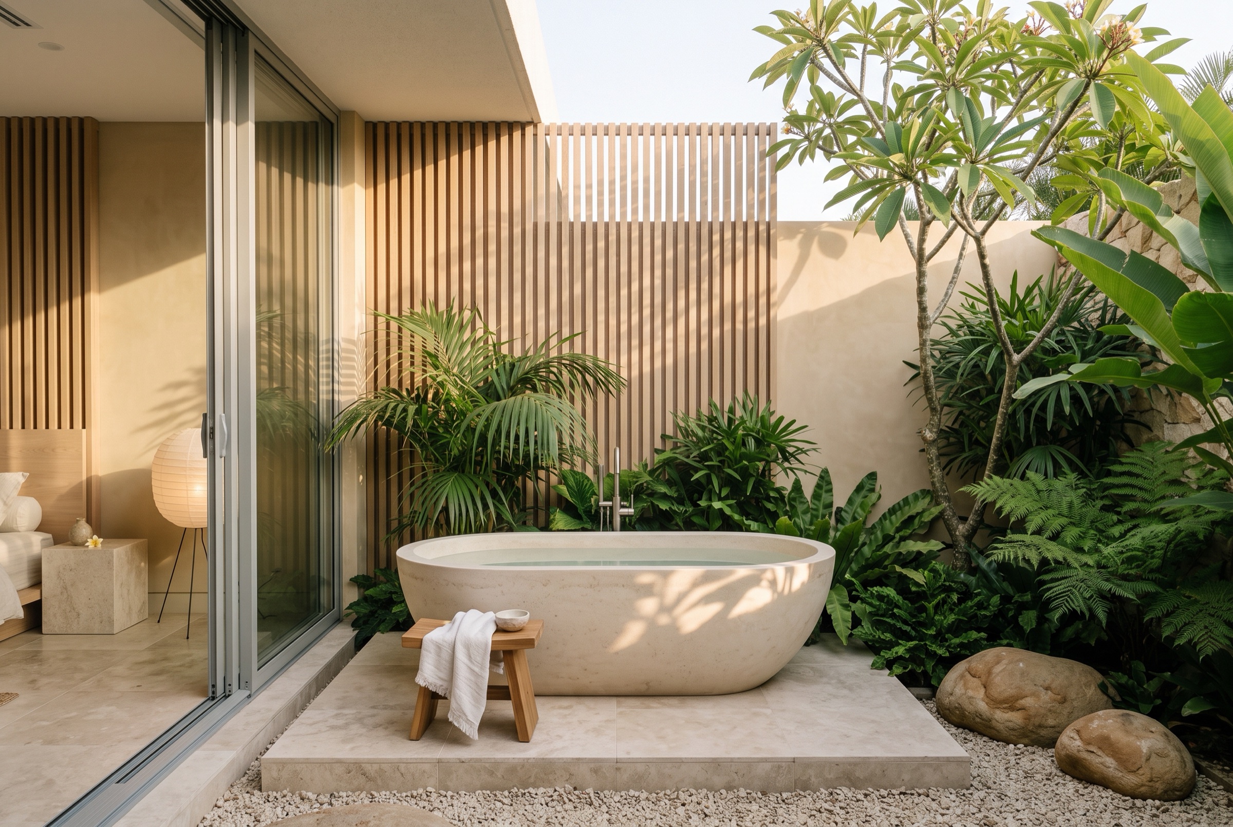 A pale stone outdoor bath in a walled garden courtyard, banana leaves and frangipani in late golden light