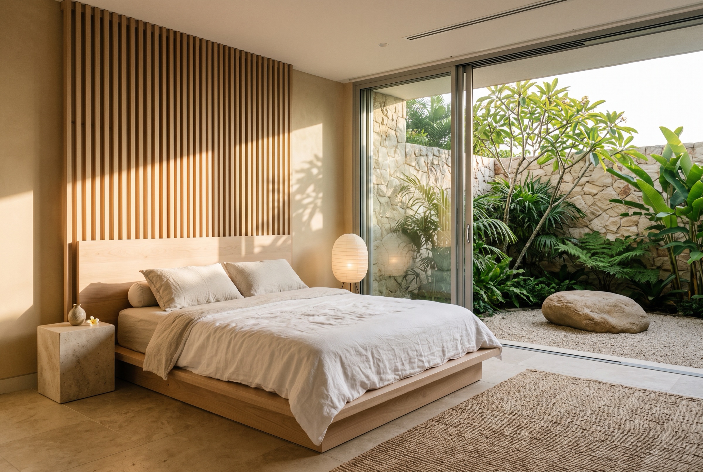 A low timber bed in white linen, golden light striping the room, glass doors open to a garden courtyard