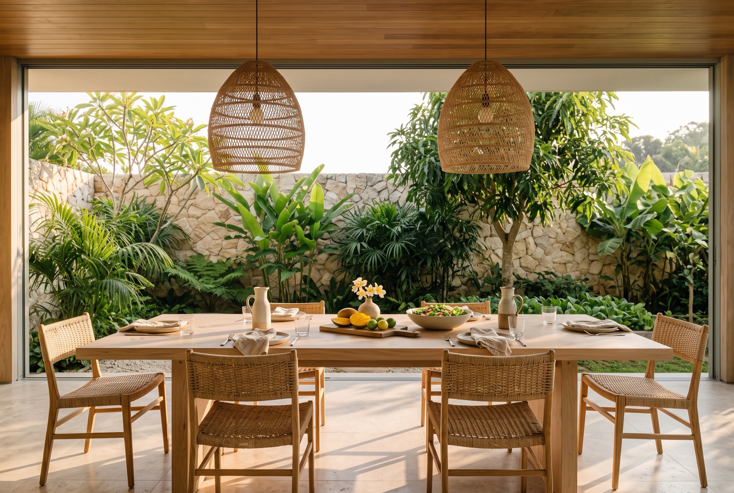 A long timber table set for four under rattan pendants, open to the garden