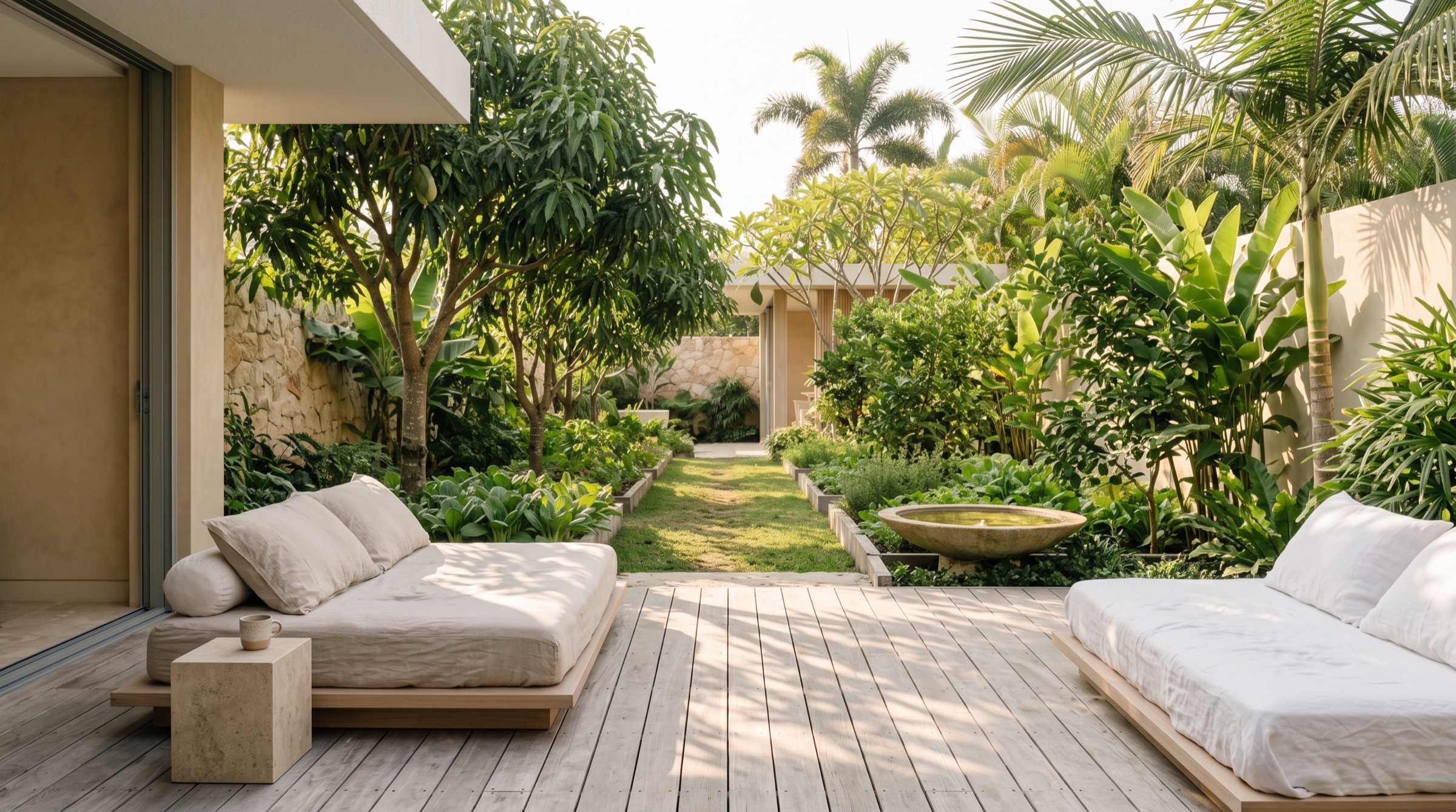 Linen daybeds on a timber deck looking into a lush garden of mango trees, frangipani and palms