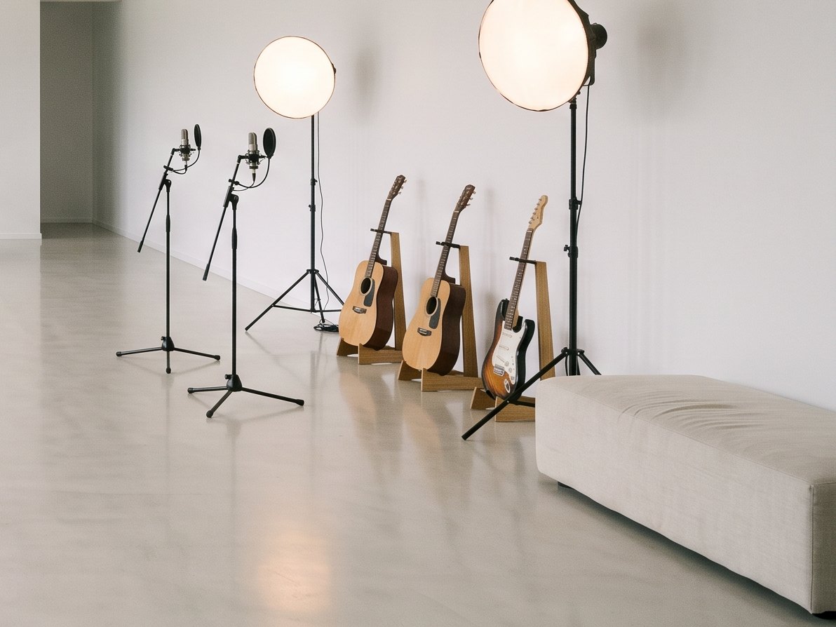 Microphones, guitars on timber stands and soft studio lights in the white studio
